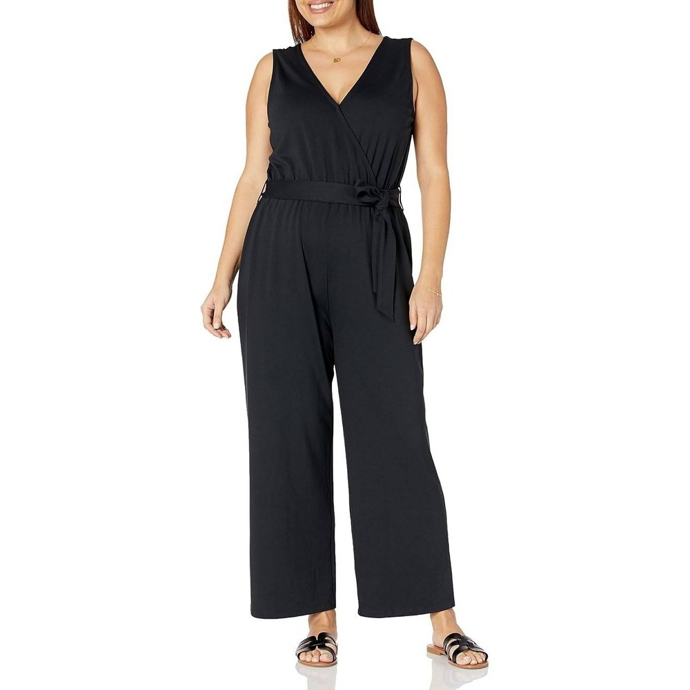The Drop Women Black Sleeveless Wide Leg Wrap Jumpsuit Belted Palazzo Pants 3X